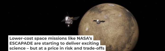 This artist’s rendering shows the ESCAPADE probes near Mars. NASA